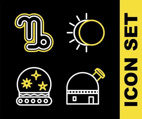 Set line Eclipse of the sun, Astronomical observatory, Magic ball and Capricorn Ilustração Stock