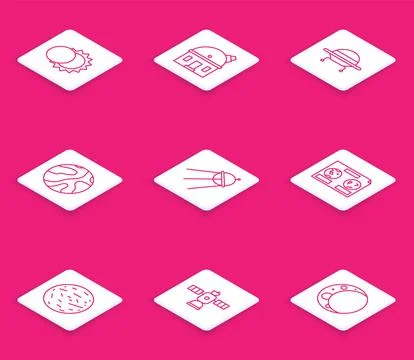 Set line Eclipse of the sun, Astronomical observatory, UFO flying spaceship.. Illustrazione stock