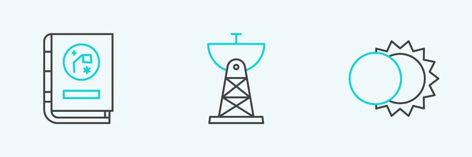 Set line Eclipse of the sun, Book by astronomy and Satellite dish icon. Vecto Illustrazione stock