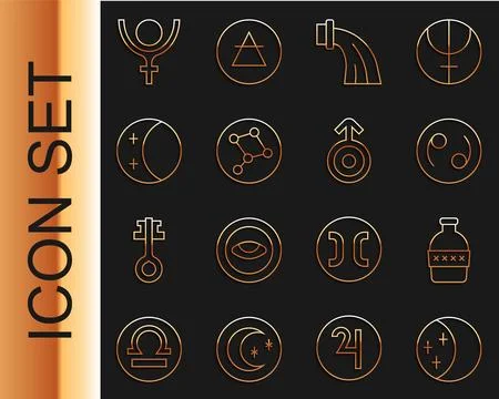 Set line Eclipse of the sun, Bottle water, Cancer zodiac, Aquarius, Great B.. Ilustração Stock