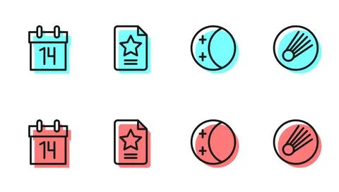 Set line Eclipse of the sun, Calendar, Star constellation zodiac and Comet icon 스톡 일러스트