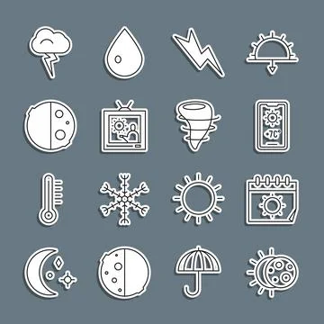 Set line Eclipse of the sun, Calendar and, Weather forecast, Lightning bolt.. Stockillustratie