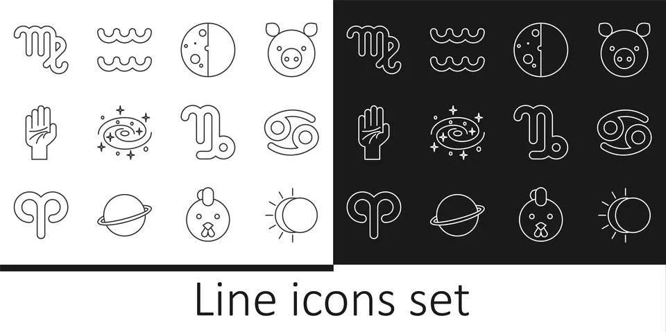 Set line Eclipse of the sun, Cancer zodiac, Milky way spiral galaxy, Palmistry Stock Illustration