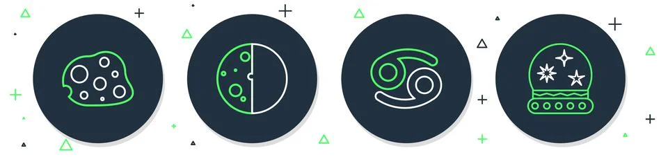 Set line Eclipse of the sun, Cancer zodiac, Asteroid and Magic ball icon. Vector Ilustração Stock