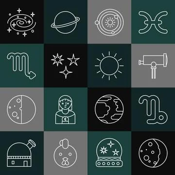 Set line Eclipse of the sun, Capricorn zodiac, Telescope, Solar system, Falling イラスト素材