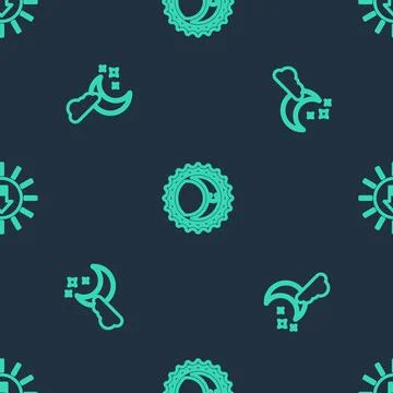 Set line Eclipse of the sun, Cloud with moon and stars and Sunset on seamless Ilustração Stock