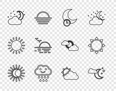 Set line Eclipse of the sun, Cloud with moon and stars, Sleeping, rain, Sunset Ilustração Stock