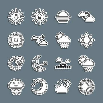 Set line Eclipse of the sun, Cloud with rain and, Sun, Sunset, moon stars, and Ilustração Stock