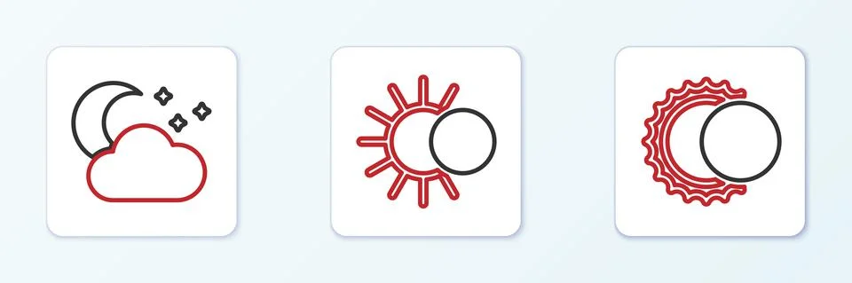 Set line Eclipse of the sun, Cloud with moon and stars and icon. Vector Ilustração Stock
