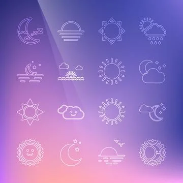 Set line Eclipse of the sun, Cloud with moon and stars, Sun, Sunset, Moon, icon 스톡 일러스트
