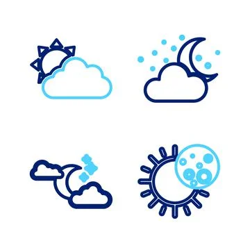 Set line Eclipse of the sun, Cloud with moon and stars, and Sun cloud weather Ilustração Stock