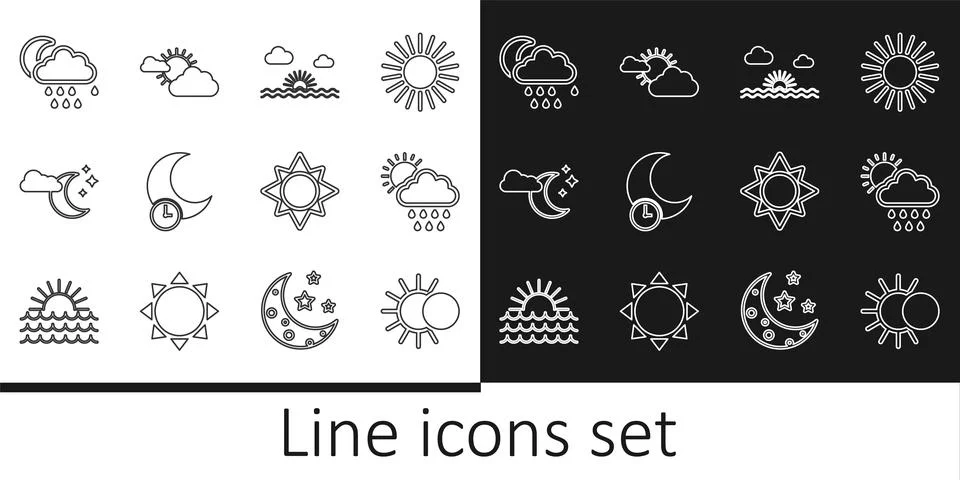 Set line Eclipse of the sun, Cloud with rain and, Sunset, Sleeping moon, stars Ilustração Stock