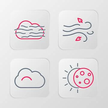 Set line Eclipse of the sun, Cloud, Wind and Fog and cloud icon. Vector Stock Illustration