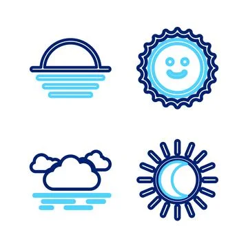 Set line Eclipse of the sun, Cloud, Sun and Sunset icon. Vector 스톡 일러스트