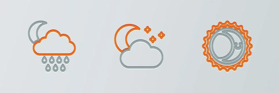 Set line Eclipse of the sun, Cloud with rain and moon and stars icon. Vector Illustrazione stock