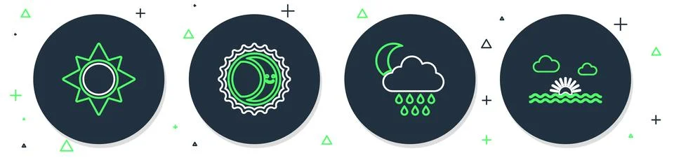 Set line Eclipse of the sun, Cloud with rain and moon, Sun and Sunset icon Illustrazione stock