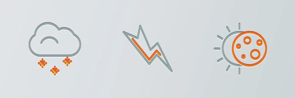 Set line Eclipse of the sun, Cloud with snow and Lightning bolt icon. Vector Illustrazione stock