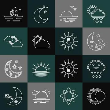 Set line Eclipse of the sun, Cloud with rain, Moon and stars, Sunset, cloud.. 스톡 일러스트