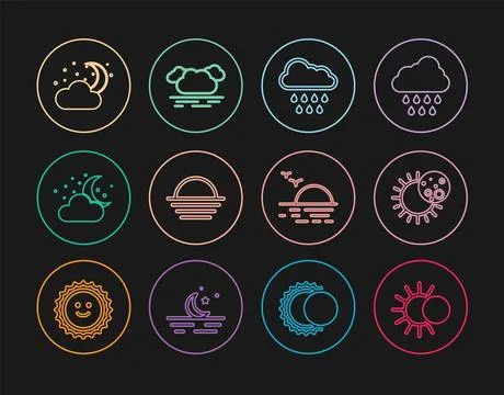 Set line Eclipse of the sun, Cloud with rain, Sunset, moon and stars,  and .. Ilustração Stock