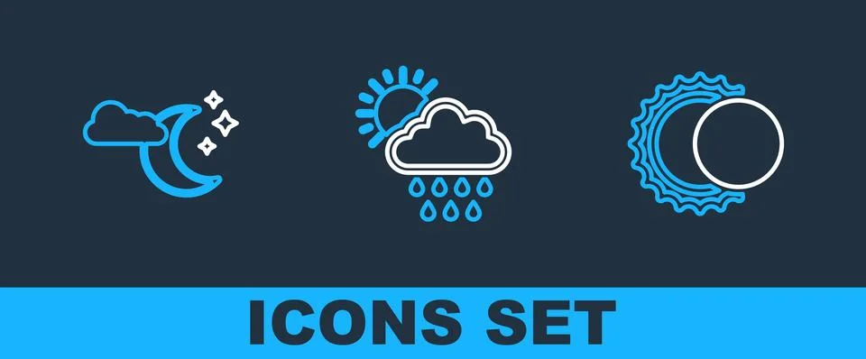 Set line Eclipse of the sun, Cloud with moon and stars and rain icon. Vector Ilustração Stock