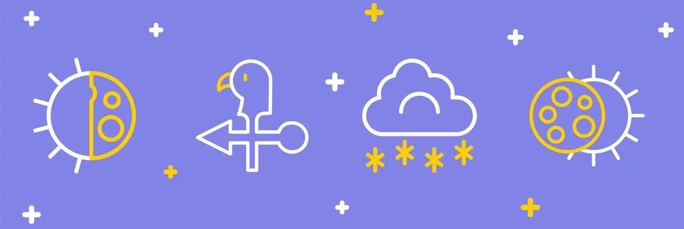 Set line Eclipse of the sun, Cloud with snow, Rooster weather vane and Day .. Stock Illustration