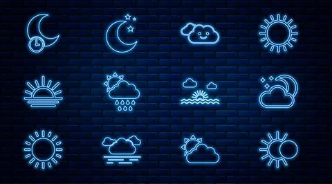 Set line Eclipse of the sun, Cloud with moon and stars, rain, Sunset, Sleep.. Ilustração Stock