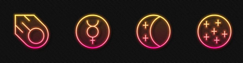 Set line Eclipse of the sun, Comet, Symbol Mercury and Full moon. Glowing neon Ilustração Stock