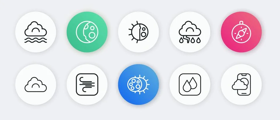 Set line Eclipse of the sun, Compass, Cloud, Water drop, and lightning, Day.. 스톡 일러스트
