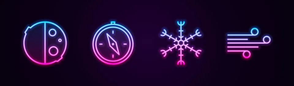 Set line Eclipse of the sun, Compass, Snowflake and Wind. Glowing neon icon.  Stock-Illustration
