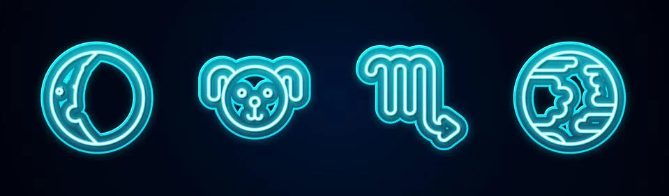 Set line Eclipse of the sun, Dog zodiac, Scorpio and Planet Mercury. Glowing Ilustração Stock
