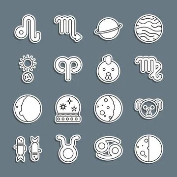 Set line Eclipse of the sun, Dog zodiac, Virgo, Planet Saturn, Aries, Solst.. 스톡 일러스트