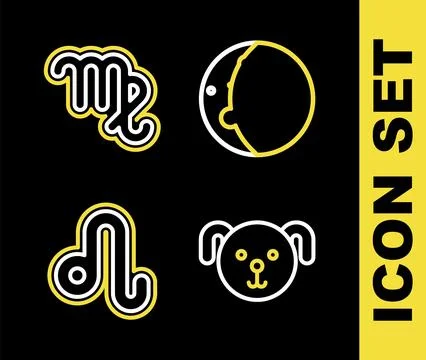 Set line Eclipse of the sun, Dog zodiac, Leo and Virgo icon. Vector 스톡 일러스트
