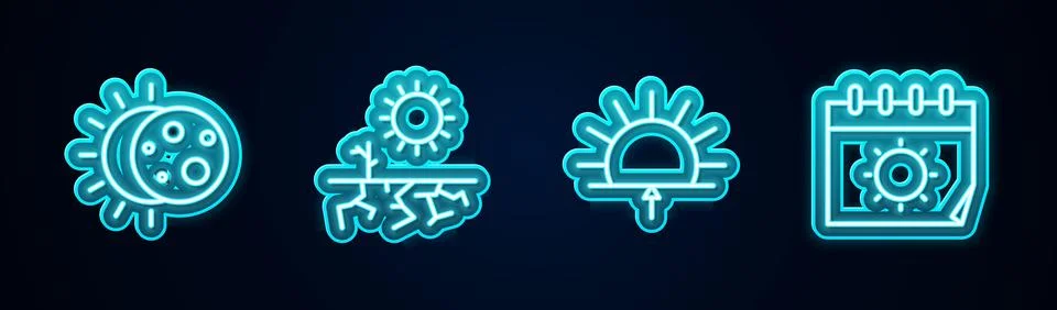 Set line Eclipse of the sun, Drought, Sunrise and Calendar and. Glowing neon 스톡 일러스트