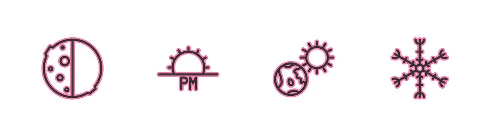 Set line Eclipse of the sun, Earth globe and, Sunset and Snowflake icon. Vector 스톡 일러스트