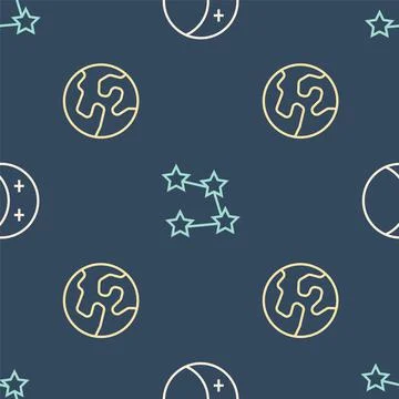 Set line Eclipse of the sun, Earth globe and Star constellation zodiac on Illustrazione stock