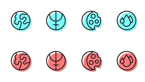 Set line Eclipse of the sun, Earth globe, Neptune planet and Water drop ico.. Illustrazione stock