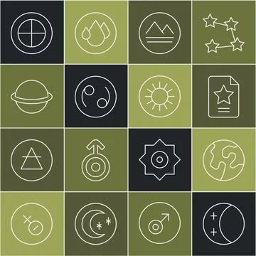 Set line Eclipse of the sun, Earth globe, Star constellation zodiac, elemen.. Ilustração Stock