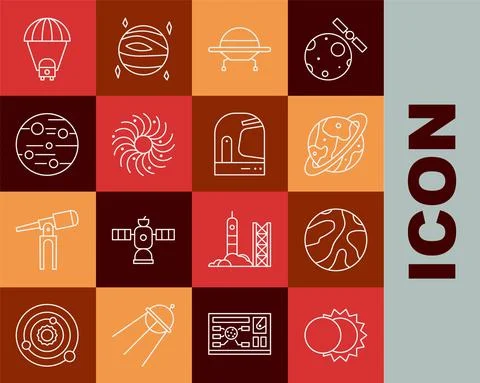 Set line Eclipse of the sun, Falling stars, Space capsule and parachute, UFO  Иллюстрация