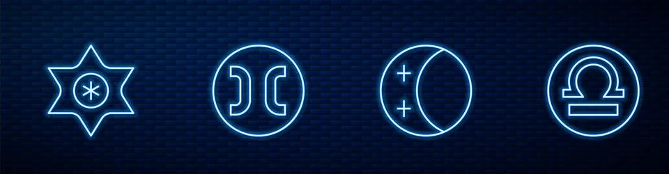 Set line Eclipse of the sun, Falling star, Pisces zodiac and Libra. Glowing neon イラスト素材