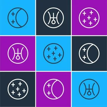 Set line Eclipse of the sun, Full moon and Symbol Uranus icon. Vector Ilustração Stock