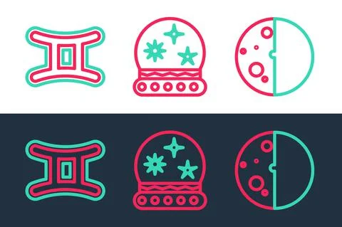 Set line Eclipse of the sun, Gemini zodiac and Magic ball icon. Vector Stock Illustration