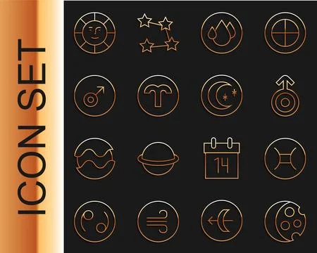 Set line Eclipse of the sun, Gemini zodiac, Symbol Uranus, Water drop, Arie.. 스톡 일러스트
