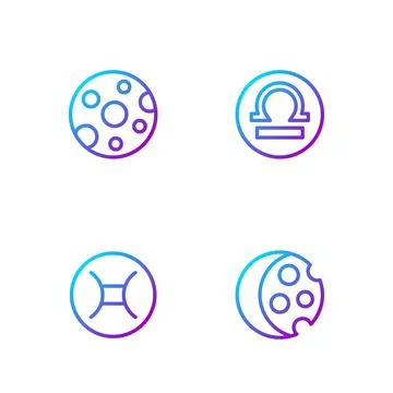 Set line Eclipse of the sun, Gemini zodiac, Full moon and Libra. Gradient c.. Ilustração Stock