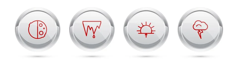Set line Eclipse of the sun, Icicle, Sunrise and Storm. Silver circle button Stock Illustration