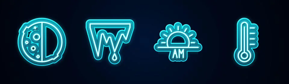 Set line Eclipse of the sun, Icicle, Sunrise and Meteorology thermometer Stock Illustration