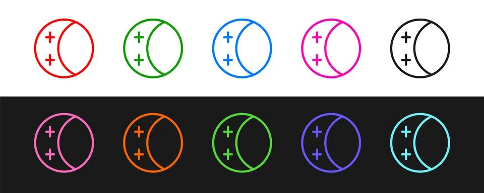 Set line Eclipse of the sun icon isolated on black and white background. To.. Illustrazione stock