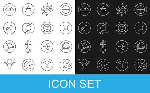 Set line Eclipse of the sun, Libra zodiac, Gemini, Sun, Solar system, Mars sy 스톡 일러스트