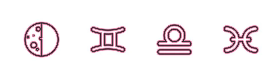 Set line Eclipse of the sun, Libra zodiac, Gemini and Pisces icon. Vector イラスト素材