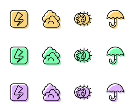 Set line Eclipse of the sun, Lightning bolt, Cloud and Umbrella icon. Vector Illustrazione stock