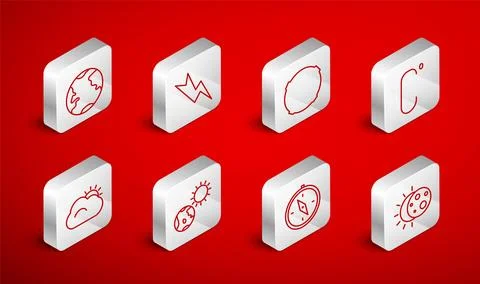 Set line Eclipse of the sun, Lightning bolt, Moon, Celsius, Compass, Earth .. Ilustração Stock